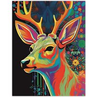 Artery8 Wall Art Print Psychedelic Buck Multicoloured Deer Abstract Painting Vibrant Bold Bright Colourful Painting Poster | Size: W12" x H16"