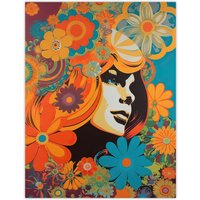 Artery8 Wall Art Print Flower Portrait Retro Orange & Blue Abstract Portrait Vibrant Bold Bright Colourful Painting Poster | Size: W12" x H16"