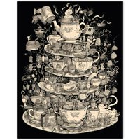 Artery8 Wall Art Print Alice In Wonderland Mad Hatter Tea Party Whimsical Magical Adventure Painting Poster in Black | Size: W12" x H16"