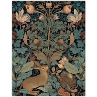 Artery8 Wall Art Print Rabbit In Abstract Ornate Shrubs Art Nouveau Painting Teal Blue Tan Cute Woodland Creature & Autumn Forest Plants Poster