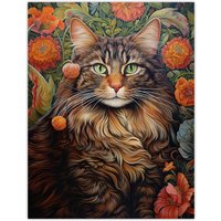 Artery8 Wall Art Print Norwegian Forest Cat Floral Painting Detailed Animal Portrait With Spring Garden Flower Blooms Poster | Size: W18" x H24"