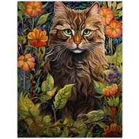 Artery8 Wall Art Print Cat In Flower Field Blooms Stylised Graphic Painting Colourful Psychedelic Animal Portrait Poster in Green | Size: W18" x H24"