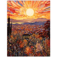 Artery8 Wall Art Print LA California Sunrise Over San Gabriel & San Bernardino Mountains Artwork Painting Poster in Orange | Size: W18" x H24"