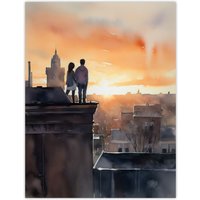 Artery8 Wall Art Print Rooftop Romance Watercolour Painting Blue Orange Couple Watching City Sunset Bedroom Art Poster | Size: W18" x H24"