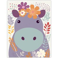 Wall Art Print My Name Is Harriet Cute Hippo w Flowers Pastel Graphic Artwork Purple Bedroom Zoo Animal Floral Painting