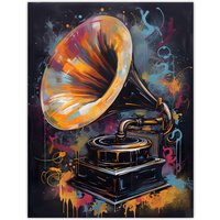 Artery8 Wall Art Print Modern Gramophone Vibrant Painting In Gold Blue Pink Vintage Music Player Poster in Black | Size: W18" x H24"