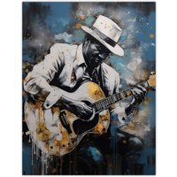 Artery8 Wall Art Print Guitarist Playing Acoustic Blues Acrylic Painting Gold Blue Drip Paint Guitar Music Musician Portrait Poster