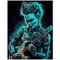 Artery8 Wall Art Print Psychobilly Music Electric Blue Artwork Rockabilly Punk Rock Guitarist With Tattoos Portrait Poster | Size: W18" x H24"
