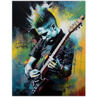 Artery8 Wall Art Print Punk Music Artwork Blue Yellow Guitarist Playing At Concert Vibrant Portrait Poster | Size: W18" x H24"