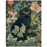 Artery8 Wall Art Print Black Cat In Flower Garden Blooms Teal Green Pink Art Nouveau Style Floral Painting Poster | Size: W24" x H32"