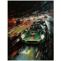 Artery8 Wall Art Print Classic Sports Car British Racing Green Night Race Action Painting For Him Fan Man Cave Poster in Black | Size: W24" x H32"