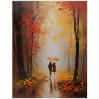 Artery8 Wall Art Print Romantic Stroll Oil Painting Orange Red Autumn Forest Landscape Bedroom Art Poster | Size: W24" x H32"