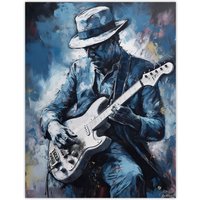 Artery8 Wall Art Print Guitarist Playing The Blues Oil Painting Musician Portrait Playing Electric Guitar Music Poster in Blue | Size: W24" x H32"