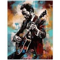 Artery8 Wall Art Print Country Music Colourful Oil Painting Musician Playing Guitar Portrait Poster | Size: W24" x H32"