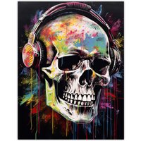 Artery8 Wall Art Print Hardcore Punk Music Artwork Vibrant Drip Paint Skull With Headphones Poster | Size: W24" x H32"