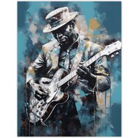 Artery8 Wall Art Print Ragtime Blues Watercolour Artwork Musician Playing Electric Guitar Portrait Painting Poster in Blue | Size: W24" x H32"