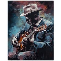 Artery8 Wall Art Print Ragtime Blues Watercolour Artwork Musician Playing Acoustic Guitar Portrait Painting Poster in Blue | Size: W24" x H32"