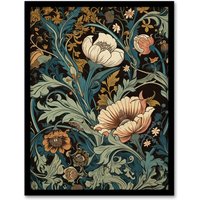 Artery8 Wall Art Print Flowers & Leaves Modern Art Nouveau Painting Detail Pastel Colour Teal Blue Orange Pink Autumn Blooms Art Framed | Size: A4