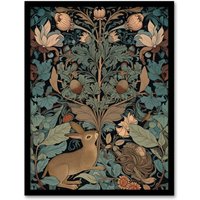 Artery8 Wall Art Print Rabbit In Abstract Ornate Shrubs Art Nouveau Painting Teal Blue Tan Cute Woodland Creature & Autumn Forest Plants Art Framed