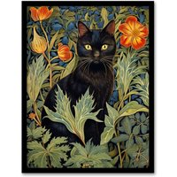 Artery8 Wall Art Print Black Cat In Wildflower Field Stylised Painting Teal Green Orange Floral Animal Portrait Art Framed | Size: A4