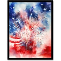 Artery8 Wall Art Print The Stars & Stripes Salute Abstract Watercolour 4th July Independence Day USA Fireworks Art Framed | Size: A4