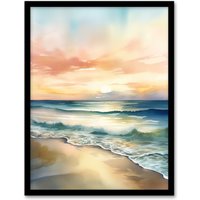 Artery8 Wall Art Print Simple Serene Seashore Sunset Scarlet Sky Sublime Scenic Seascape Art Framed in Blue | Size: A4