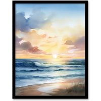 Artery8 Wall Art Print Watercolour Waves Deserted Beach Seascape Art Framed in Blue | Size: A4