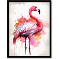 Artery8 Wall Art Print Watercolour Flamingo Pink Ink Splat Design Watercolour Art Framed | Size: A4