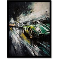 Artery8 Wall Art Print Classic Race Cars Night Scene British Racing Green Motorsport Fan For Him Man Cave Art Framed | Size: A4