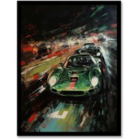 Artery8 Wall Art Print Classic Sports Car British Racing Green Night Race Action Painting For Him Fan Man Cave Art Framed in Black | Size: A4