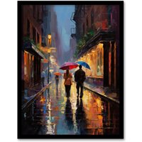 Artery8 Wall Art Print Rainy Romance Colourful Oil Painting Couple Talking A Romantic Walk With Umbrellas On A Rainy Night Bedroom Art Framed
