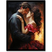Artery8 Wall Art Print The Embrace Oil Painting Lovers Passionate Flamenco Dance Bedroom Art Framed in Orange | Size: A4