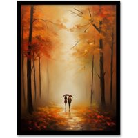 Artery8 Wall Art Print Lovers Walk Landscape Oil Painting Romantic Stroll In An Autumn Forest Amber Trees On A Serene Path Bedroom Art Framed
