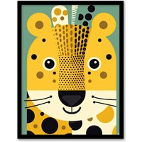 Artery8 Wall Art Print Cute Baby Cheetah Colourful Graphic Artwork Orange Teal Zoo Animal Geometric Shapes Kids Bedroom Painting Art Framed