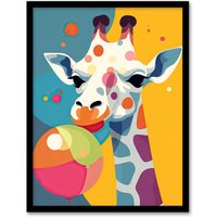 Wall Art Print Cute Colourful Giraffe Balloon Graphic Artwork Zoo Animal Birthday Party Bedroom Painting Art Framed A4