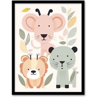 Wall Art Print Cute Zoo Animals Pastel Graphic Artwork Jungle Forest Friends Bedroom Painting Art Framed A4