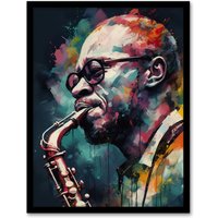 Artery8 Wall Art Print Saxophone Player Playing Music Acrylic Painting Blue Pink Yellow Jazz Musician Portrait Art Framed in Black | Size: A4
