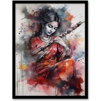 Artery8 Wall Art Print Woman Playing Classical Indian Folk Music Watercolour Artwork Ragini Musician Portrait Art Framed in Grey | Size: A4