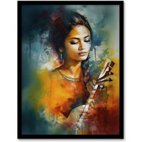 Artery8 Wall Art Print Woman Playing Classical Indian Folk Music Watercolour Painting Ragini Musician Portrait Art Framed | Size: A4