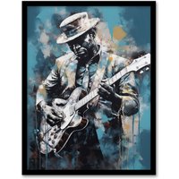 Artery8 Wall Art Print Ragtime Blues Watercolour Artwork Musician Playing Electric Guitar Portrait Painting Art Framed in Blue | Size: A4