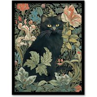 Artery8 Wall Art Print Black Cat In Flower Garden Blooms Teal Green Pink Art Nouveau Style Floral Painting Art Framed | Size: W12" x H16"