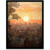 Artery8 Wall Art Print Sunset Over Oxford City Watercolour Painting Orange Pink Atmospheric Cityscape Art Framed | Size: W12" x H16"