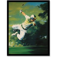 Artery8 Wall Art Print Cricket Match Outfield Diving Catch Watercolour Artwork For Him Fan Man Cave Art Framed in Green | Size: W12" x H16"