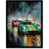 Artery8 Wall Art Print Sports Car Racing Motorsport Road Race Action Green Red Orange Classic For Him Fan Man Cave Art Framed | Size: W12" x H16"