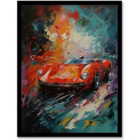 Artery8 Wall Art Print Red Classic Sports Car Oil Painting Colourful Sleek For Him Fan Man Cave Art Framed | Size: W12" x H16"