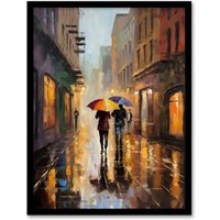 Artery8 Wall Art Print The Yellow Brolly Colourful Oil Painting Couple On Romantic Walk Umbrellas Rainy Afternoon Bedroom Art Framed