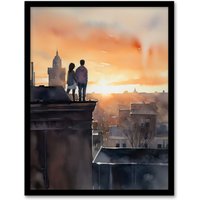 Artery8 Wall Art Print Rooftop Romance Watercolour Painting Blue Orange Couple Watching City Sunset Bedroom Art Framed | Size: W12" x H16"