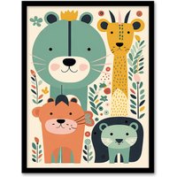 Wall Art Print Cute Zoo Animals Pastel Graphic Artwork Jungle Forest Friends Bedroom Painting Art Framed W12" x H16"