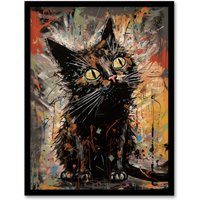 Artery8 Wall Art Print The Curious Black Cat Painting By Tom Jones Art Framed | Size: W12" x H16"