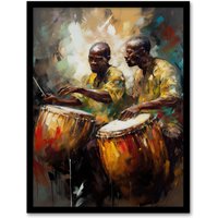 Artery8 Wall Art Print African Drum Players Oil Painting Orange Yellow Blue Drummer Beat Traditional Music Songs Art Framed | Size: W12" x H16"